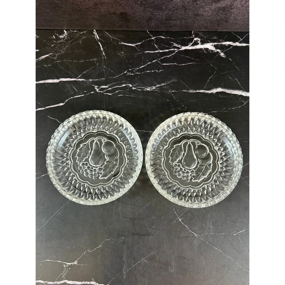 VTG PAIR (2) Pressed Glass EAPG Wine Champagne Coasters Sawtooth Edge Fruits